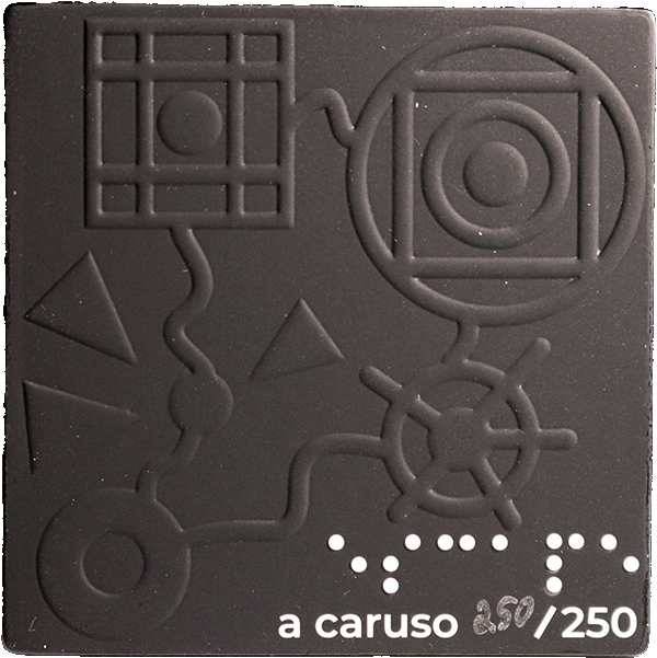 This piece a 2.5x2.5 inch square card with tightly rounded corners. The card has a circle in the bottom center. The title of the piece (Out) in braille and the artist’s signature are in the bottom right corner along with a version number, in this case 0/250 since this is not an actual print.

This artwork intends to convey a story using tactile shapes. The card has a smooth, velvety texture, and the shapes are lightly embossed.

A circle, a quarter inch in diameter is in the bottom center. A path extends upwards from the circle. The path then becomes surrounded by the points of six triangles with a smaller circle in the middle of them. The path continues with a circle encountering another triangle blocking the path. Behind the triangle there is a square with vertical lines and the circle inside. Continuing down a path to the left the small circle is surrounded by the square but now with expanding rings around it. Continuing further down the path, the center circle has rings that expand again, now taking up a third of the card. The path winds and ends in another circle with a missing dot in the middle.

This is the story: The world is cloaked in darkness. As you venture forth, you find yourself
surrounded by enemies. One by one, they fall to your sword. Now exhausted, your final foe manages to subdue you. Taken in chains to a prison to await your fate, you begin to meditate. Gathering your energy, you feel the swell of life within your body. A wave of ethereal power bursts from your hands, disintegrating the bars that hold you. As you recover, your mind clears. Your power grows and your control deepens. Your strength pushes away the evil forces that had surrounded you as you return home.
